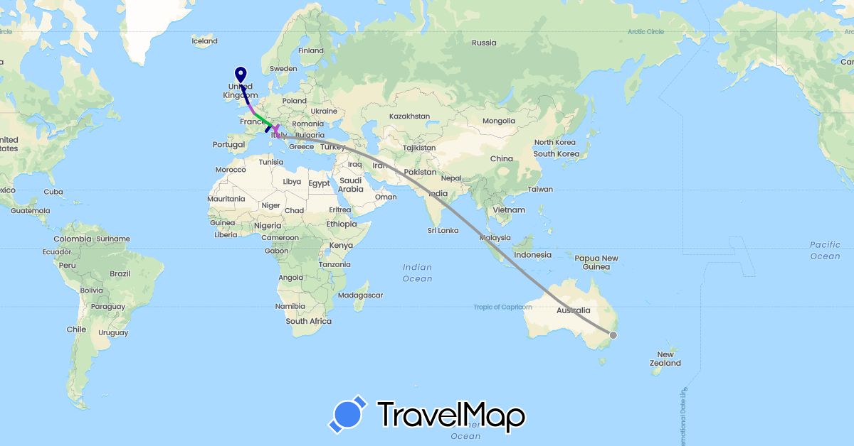 TravelMap itinerary: driving, bus, plane, train in Australia, France, United Kingdom, Italy, Monaco (Europe, Oceania)